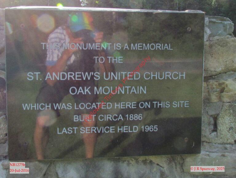 NB1275b Plaque on monument at site of former Saint Andrew United Church, Oak Mountain NB NB1275b Plaque on monument at site of former Saint Andrew United Church, Oak Mountain NB